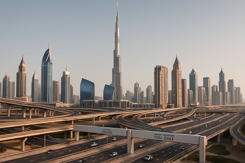 Dubai skyline with major highways and toll gates Dubai skyline with major highways and toll gates