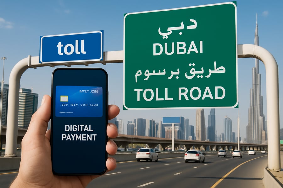 Dubai toll road and digital payment concept Dubai toll road and digital payment concept