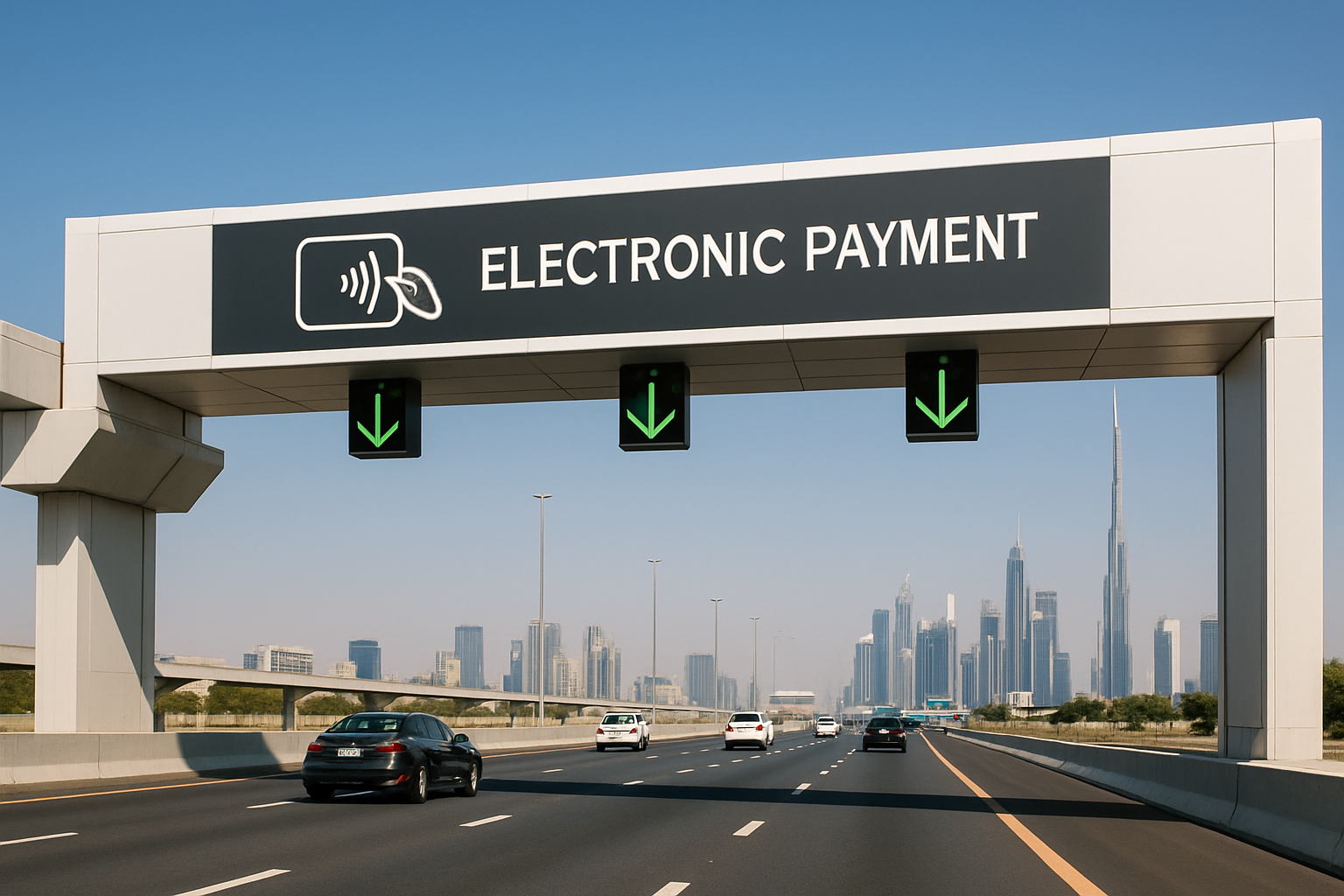 Modern toll gate on a Dubai highway with seamless electronic payment