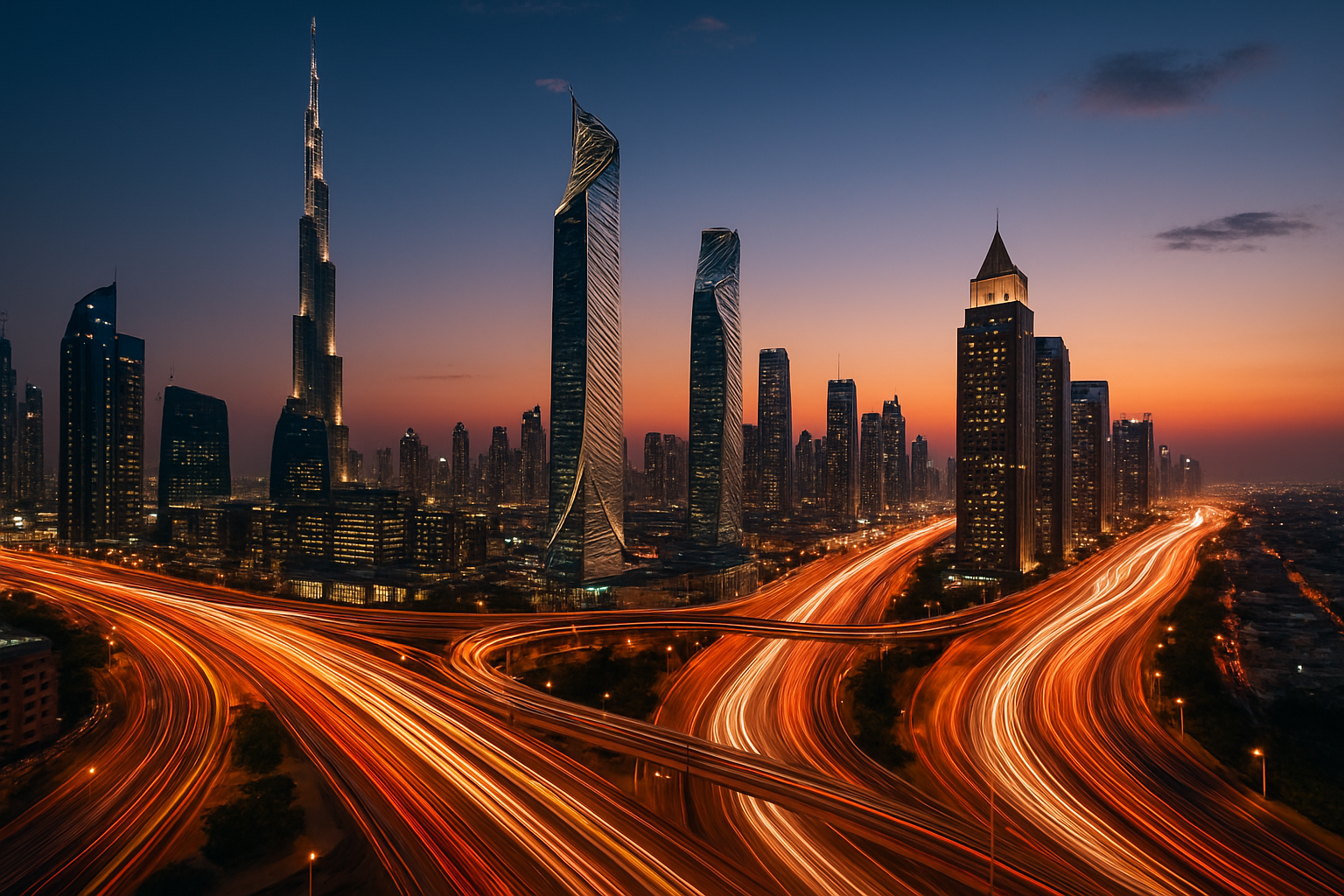 Dubai skyline with smooth flowing traffic
